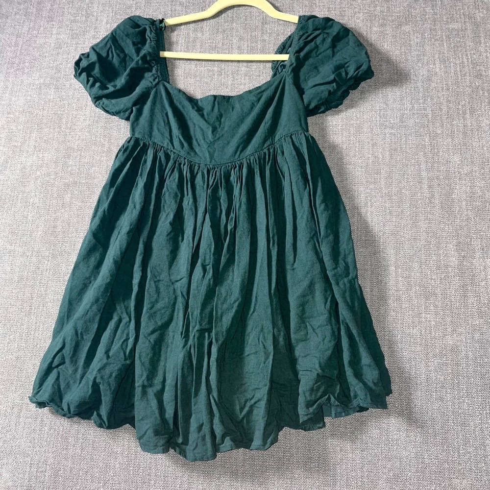 Mable Mini Dress Women's Small Dark Green Smocked Back Puff Sleeve Square Neck